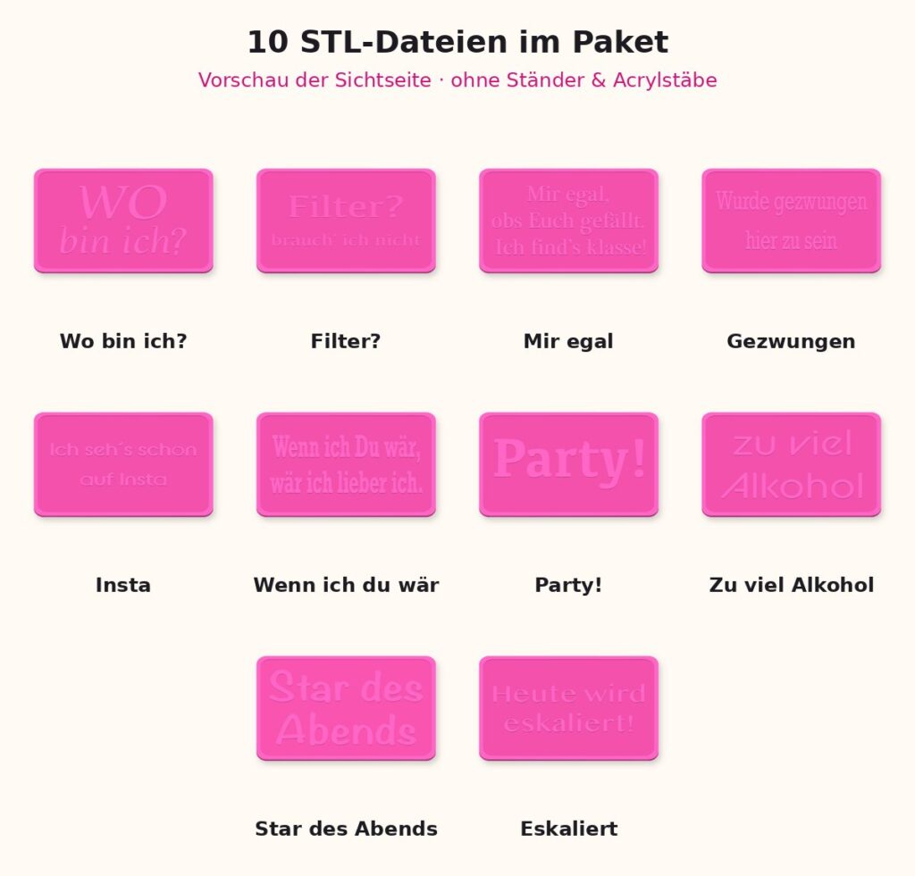 10er Schilder Mix-Paket A – STL-Download